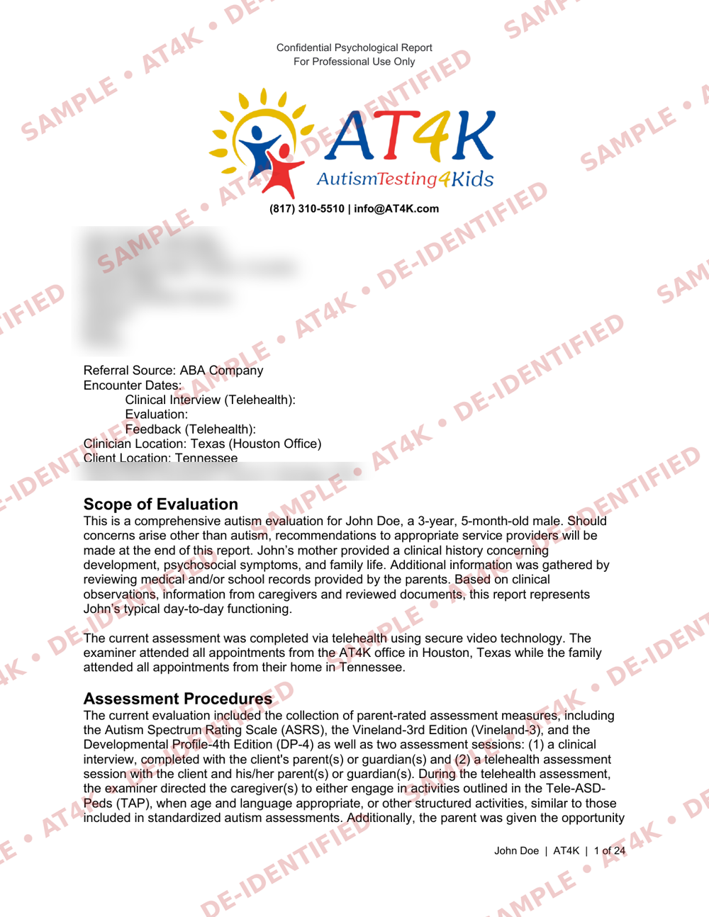 Watermarked front page of a de-identified AT4K autism evaluation report showing the scope of evaluation and assessment procedures sections