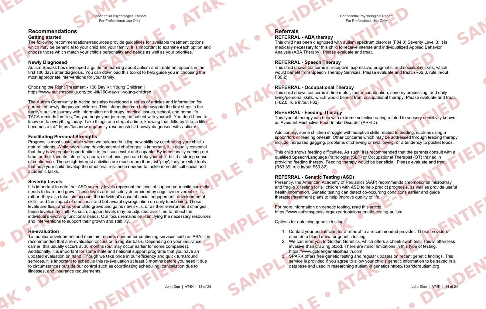 Watermarked Recommendations and Referrals pages from a de-identified AT4K autism evaluation report